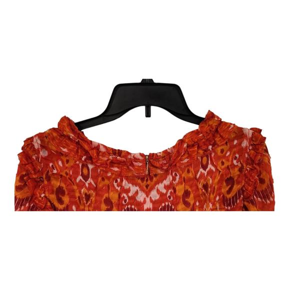 Tory Burch Blouse Silk Blend Size 10 Ruffle Neck Long Flared Sleeves Orange Red - Picture 8 of 13
